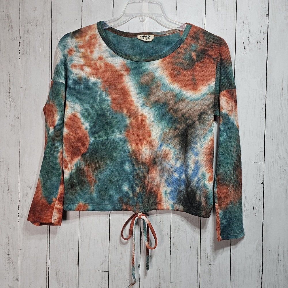 Smoke & Mirrors Tie-Dye Shirt Green Blue Orange Boho Drawstring Size Medium.